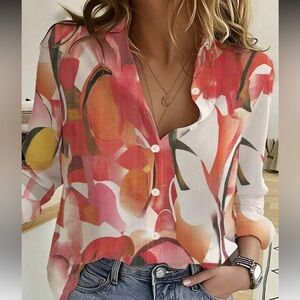 New Floral Print Button-Up Blouse